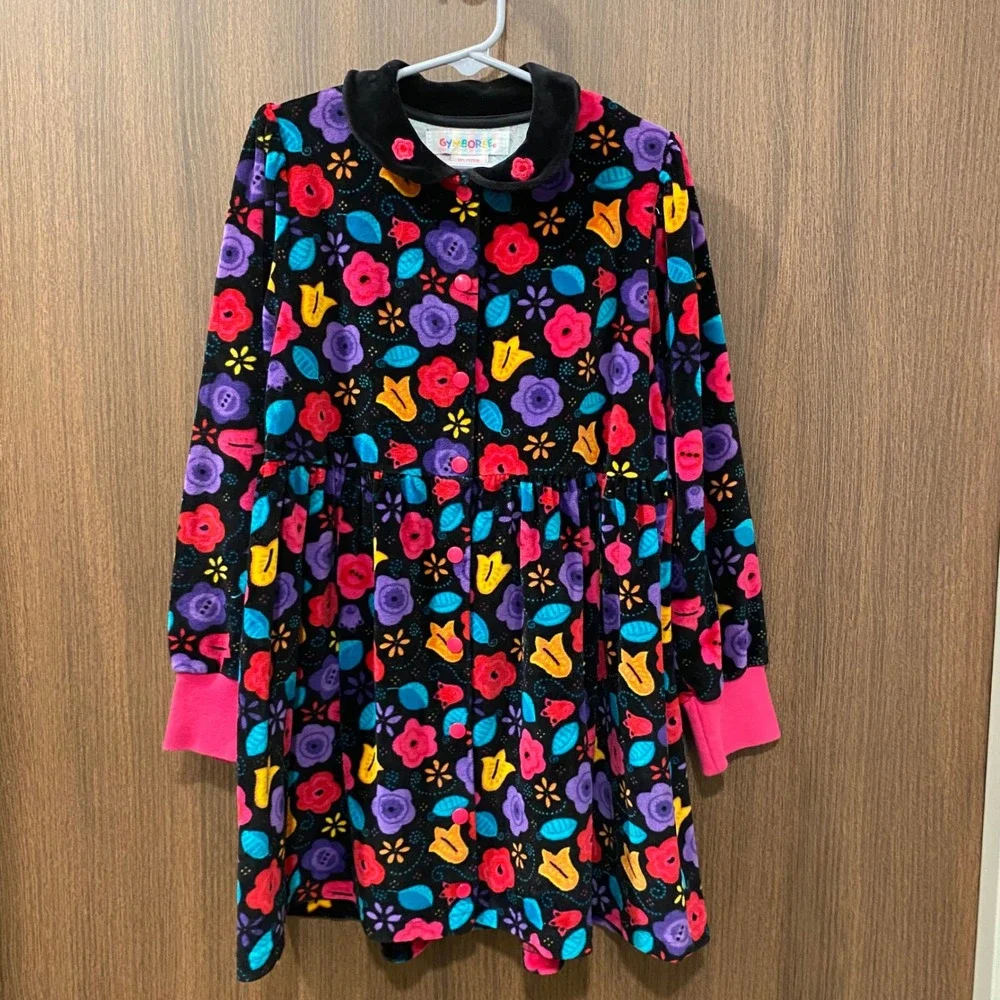 GYMBOREE‎ Girl's Vintage Black Floral Velour Button Front Dress XL Long Sleeve